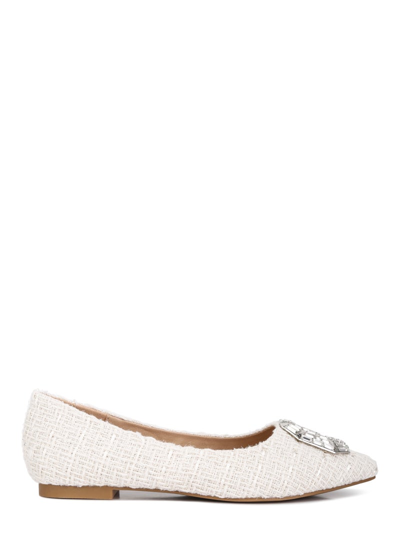 Embellished Jewel Buckle Tweed Ballet Flats in Beige