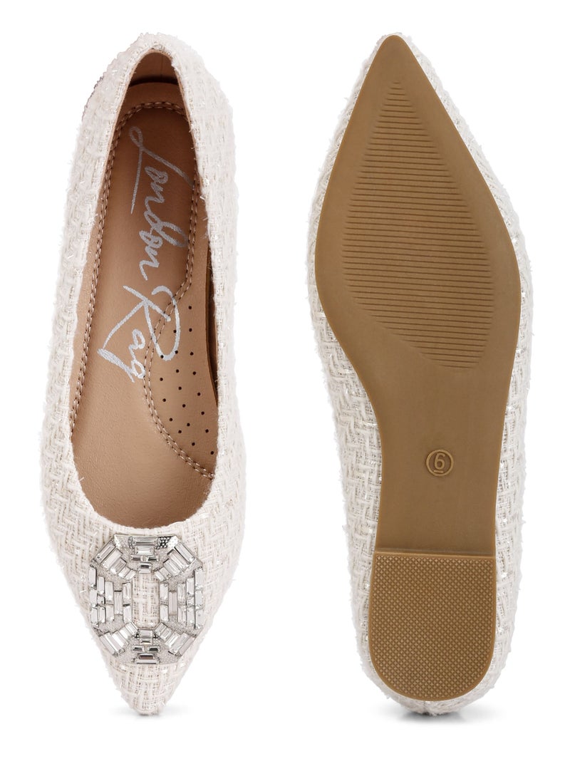 Embellished Jewel Buckle Tweed Ballet Flats in Beige