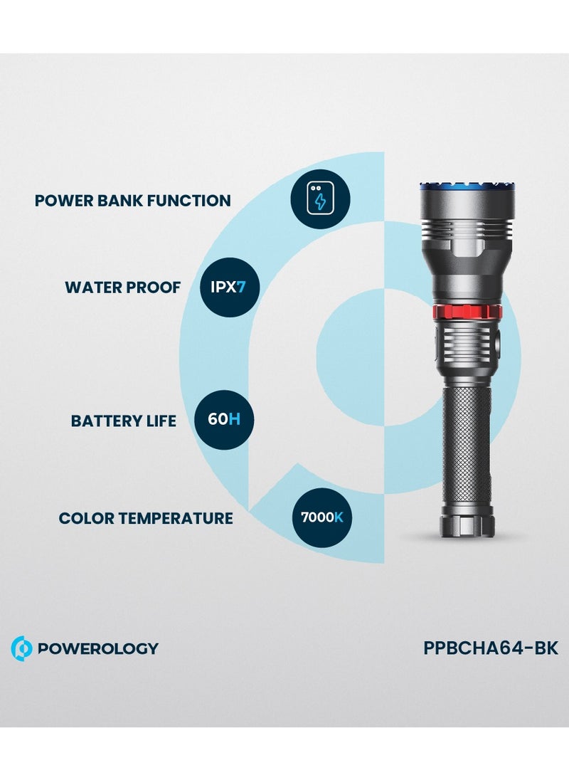 Rechargeable LED Flash Light with Power Bank Function and 1000 Lumens / 920M Beam Distance - Black