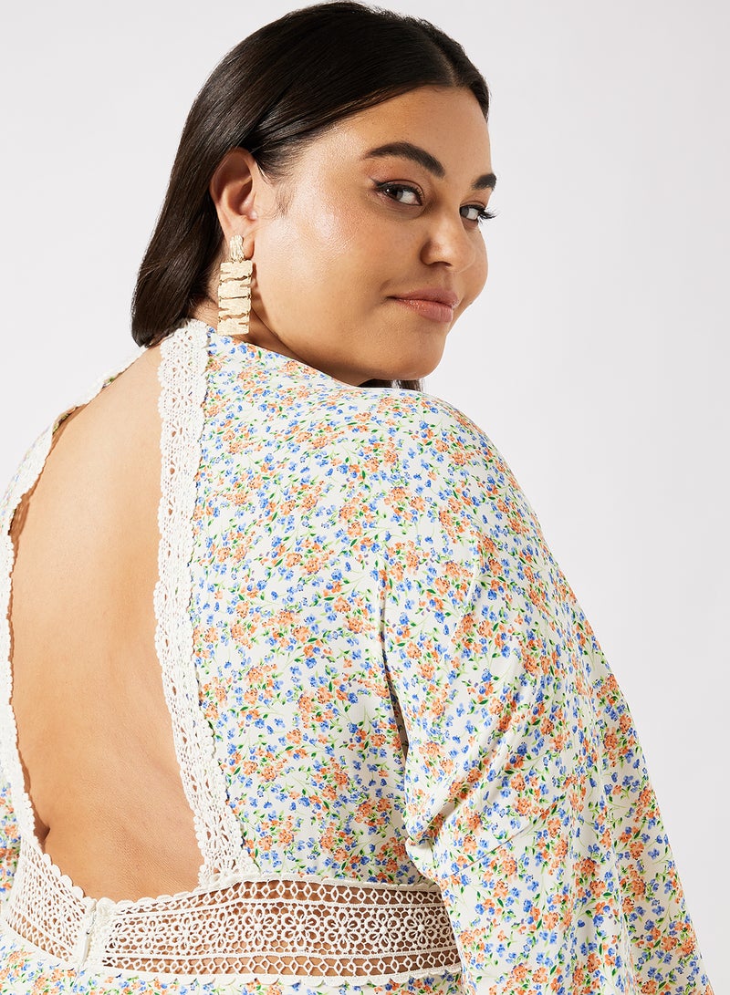 Plus Size Open Back Floral Dress Cream