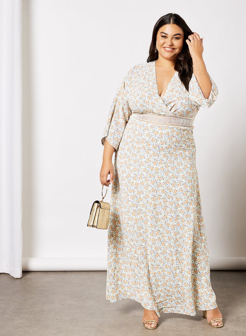 Plus Size Open Back Floral Dress Cream