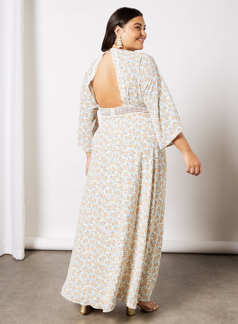 Plus Size Open Back Floral Dress Cream