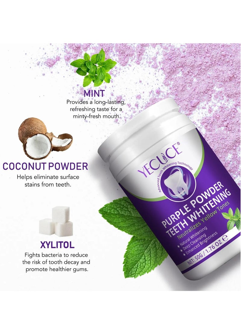 Purple Teeth Whitening Powder 50g Natural Teeth Whitening Deep Cleansing & Enhanced Brightness with Coconut Oil & Mint Remove Tea Coffee Stains