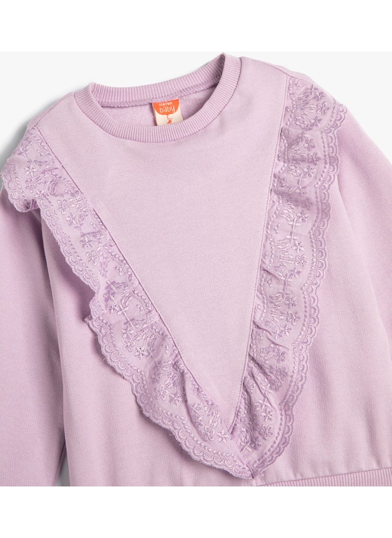 Sweatshirt Long Sleeve Crew Neck Ruffle Detailed Cotton Sweatshirt