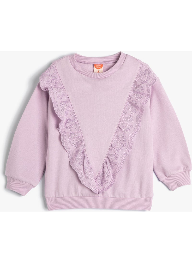 Sweatshirt Long Sleeve Crew Neck Ruffle Detailed Cotton Sweatshirt