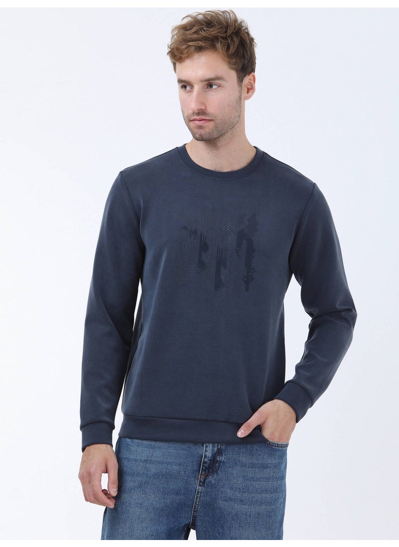 Navy Blue Crew Neck Printed Sweatshirt