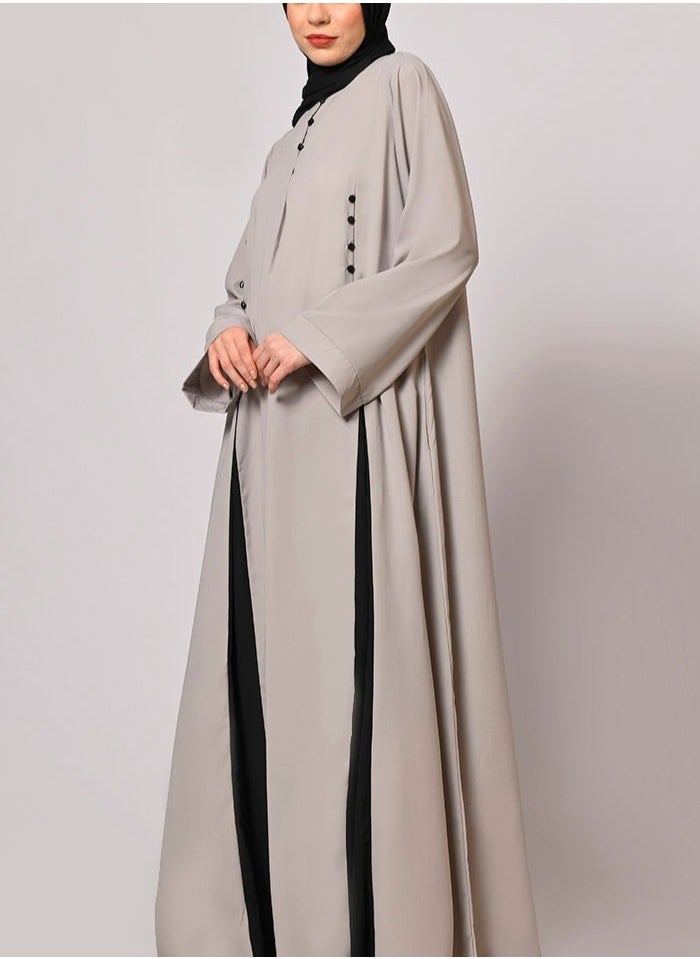 Beige and Black Modest Abaya Dress with Hijab, Beige, Long Sleeved, Full Length