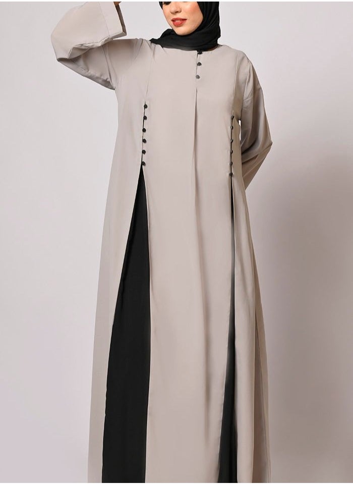 Beige and Black Modest Abaya Dress with Hijab, Beige, Long Sleeved, Full Length