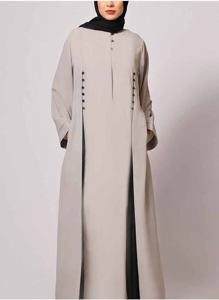 Beige and Black Modest Abaya Dress with Hijab, Beige, Long Sleeved, Full Length