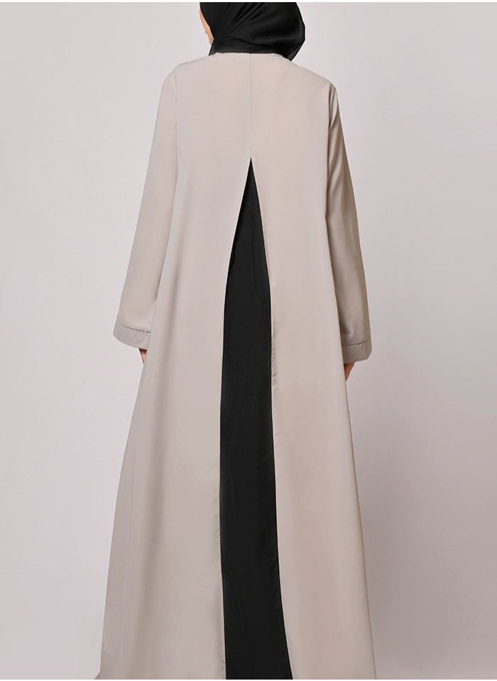 Beige and Black Modest Abaya Dress with Hijab, Beige, Long Sleeved, Full Length