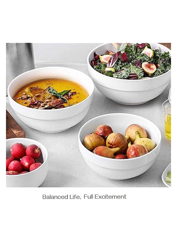 Serving Bowls, 1890/1240/650/355ml Nesting Bowls, White Ceramic Bowl Sets, Versatile Bowls for Kitchen, Scratch Resistant, Thick-edge Non-slip Design