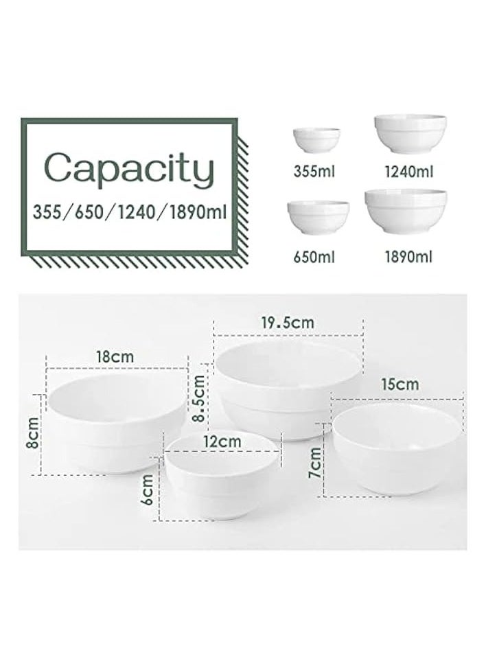 Serving Bowls, 1890/1240/650/355ml Nesting Bowls, White Ceramic Bowl Sets, Versatile Bowls for Kitchen, Scratch Resistant, Thick-edge Non-slip Design