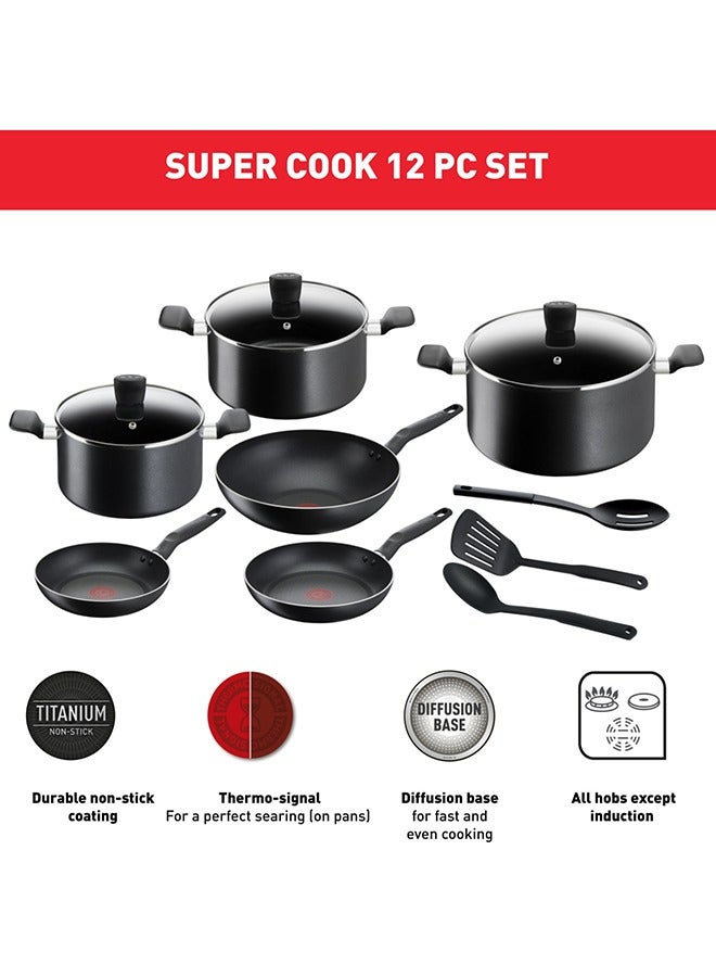 TEFAL Cooking Set | Super Cook 12 pc set | Non-Stick Coating | Thermo-Signal Heat Indicator | Diffusion Base B459SC84 Black 28cm