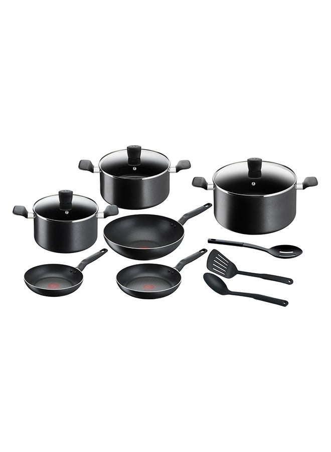 TEFAL Cooking Set | Super Cook 12 pc set | Non-Stick Coating | Thermo-Signal Heat Indicator | Diffusion Base B459SC84 Black 28cm