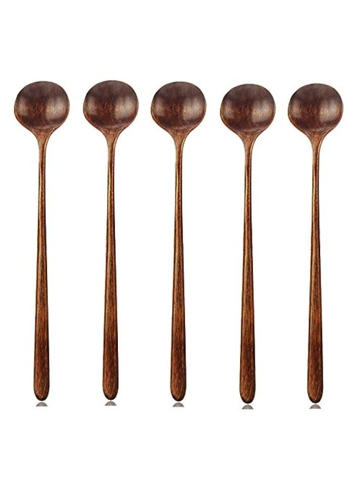 Long Spoons Wooden, 5 Pieces Korean Style 10.9 inches 100% Natural Wood Long Handle Round Spoons for Soup Cooking Mixing Stirrer Mukbang Kitchen Tools Utensils(Korean Style Soup Spoon)