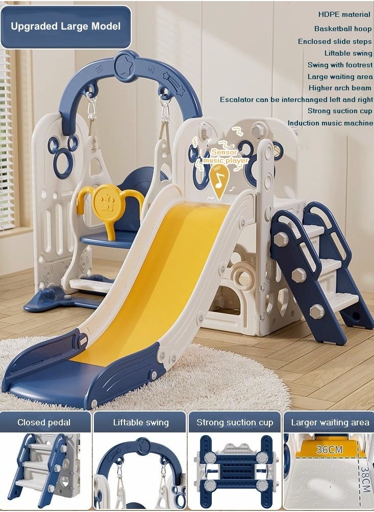 Upgraded children's indoor slide, infant indoor and outdoor climbing toy set, children's slide with basketball stand, swing and induction music player, toddler outdoor playground