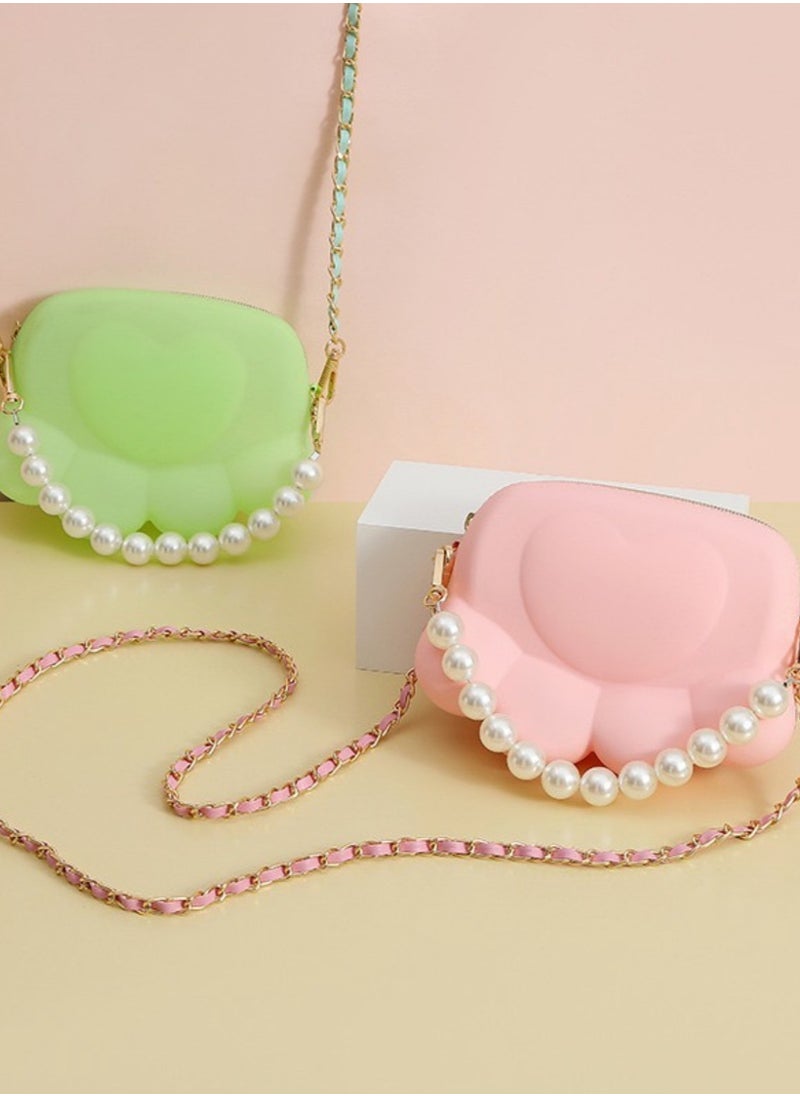 Cute and Stylish Pink Silicone Cat Paw Small Bag,Waterproof Crossbody Pearl Handbag