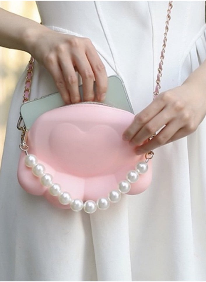 Cute and Stylish Pink Silicone Cat Paw Small Bag,Waterproof Crossbody Pearl Handbag