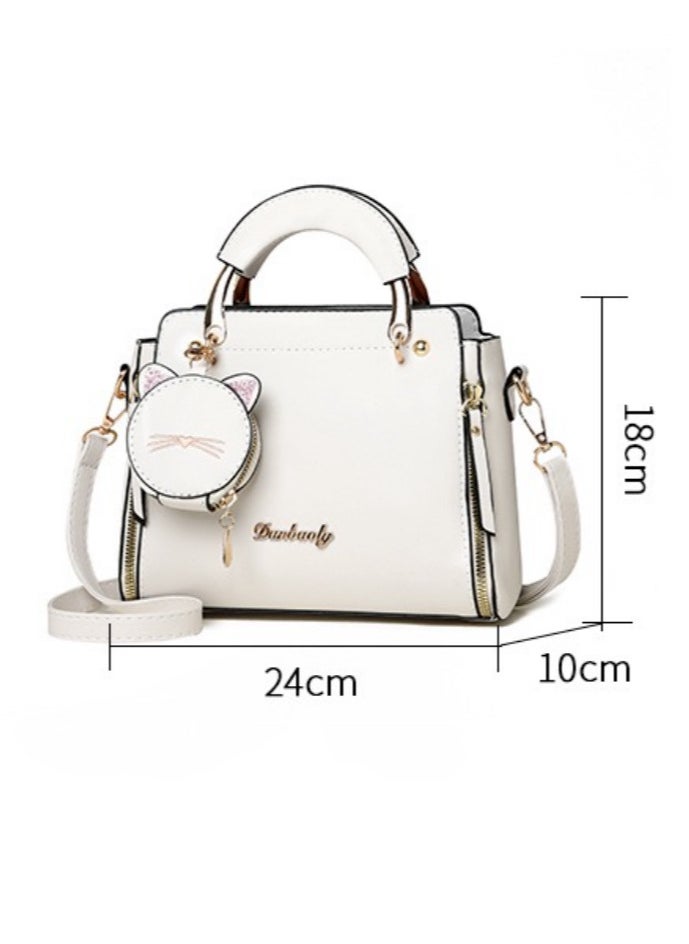 Large Capacity White Crossbody Small Bag with Cat Charm,Versatile Handheld or Crossbody