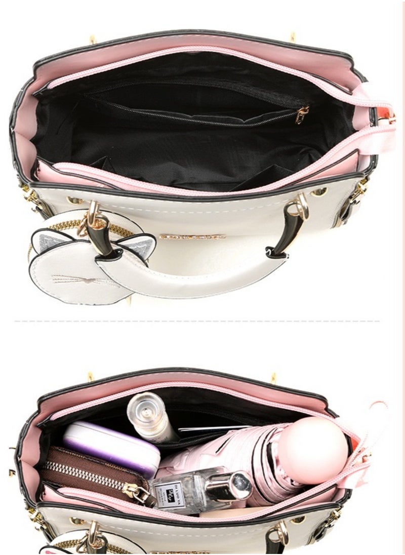 Large Capacity White Crossbody Small Bag with Cat Charm,Versatile Handheld or Crossbody