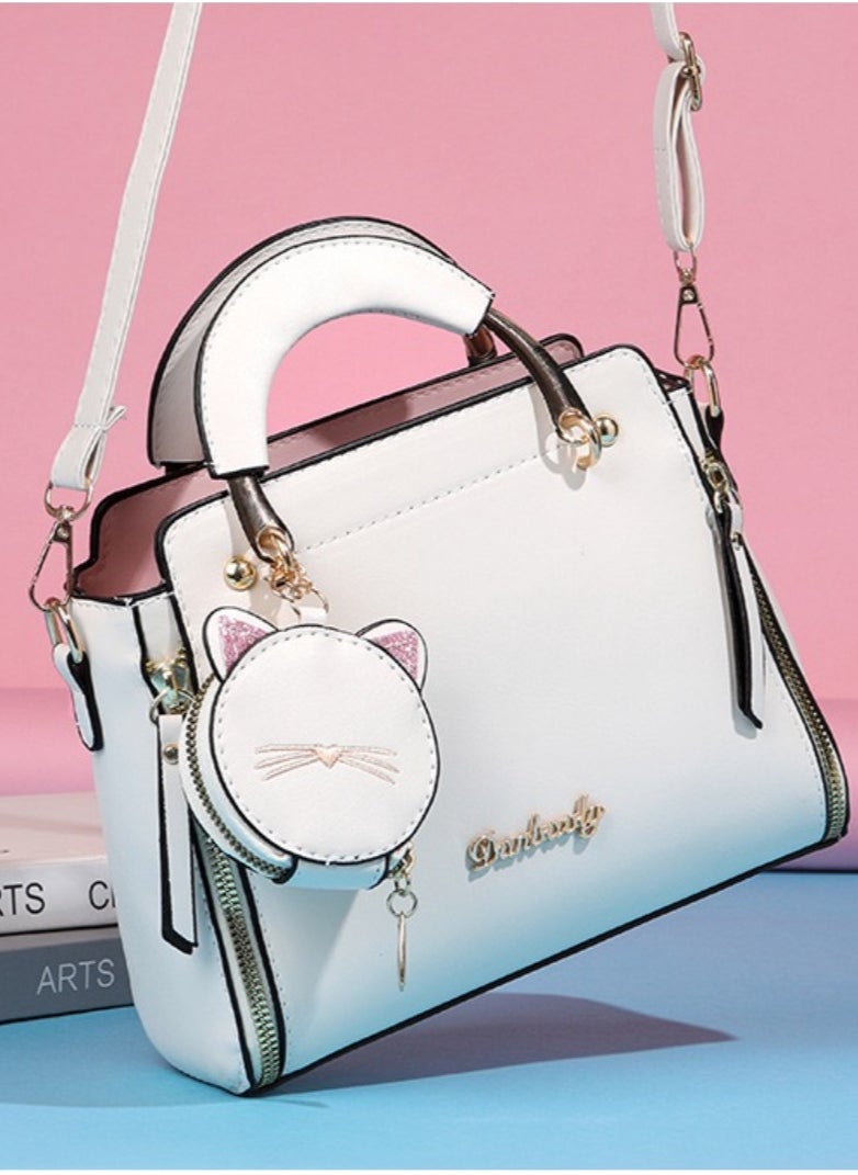 Large Capacity White Crossbody Small Bag with Cat Charm,Versatile Handheld or Crossbody