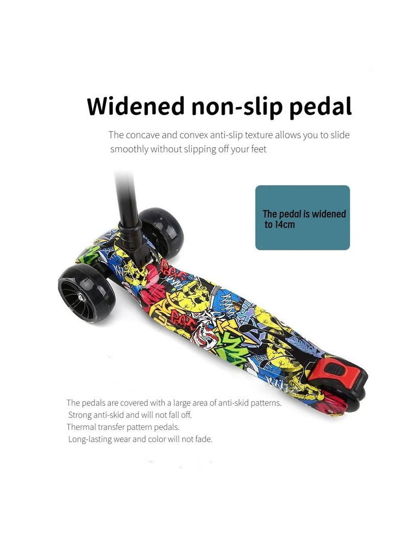 kids scooter three-wheeled scooter foldable and adjustable height graffiti pattern with LED light-up wheels with music, suitable for children aged 2-6