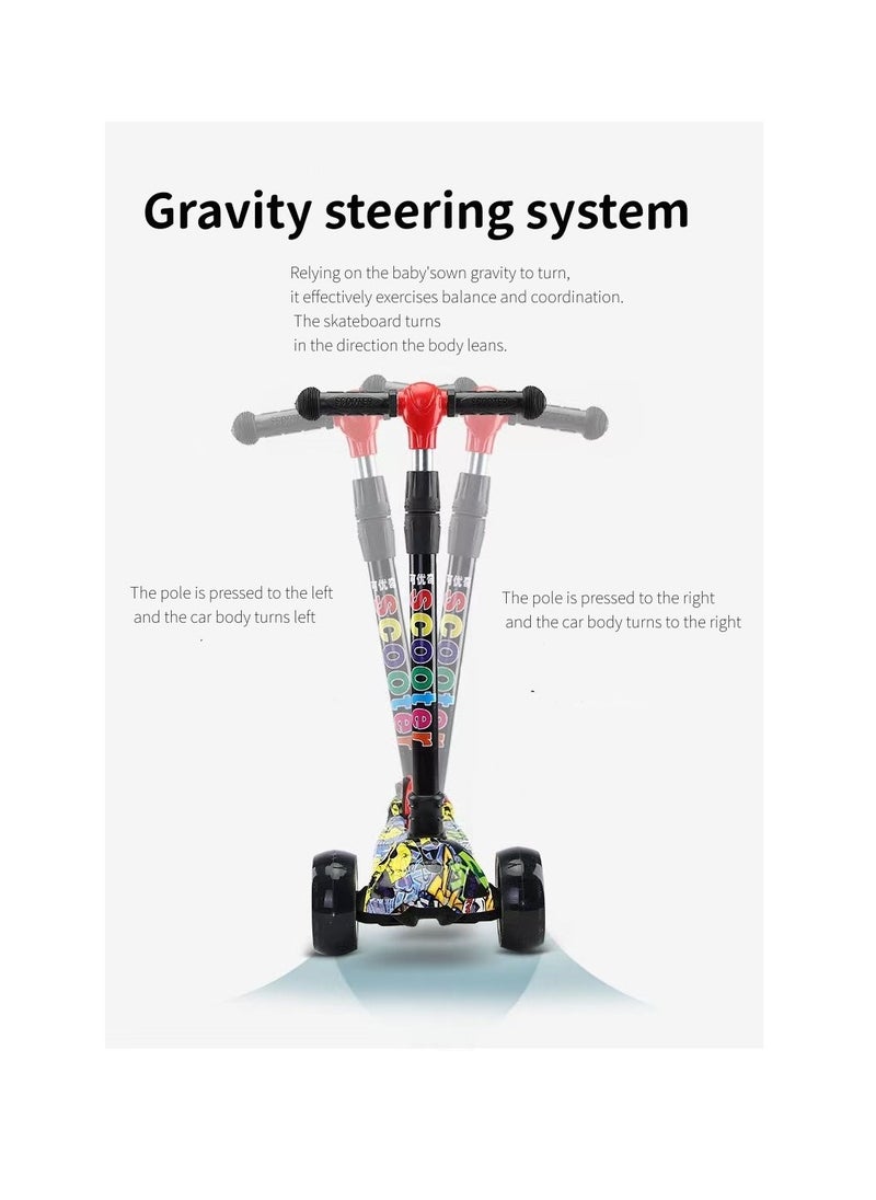 kids scooter three-wheeled scooter foldable and adjustable height graffiti pattern with LED light-up wheels with music, suitable for children aged 2-6