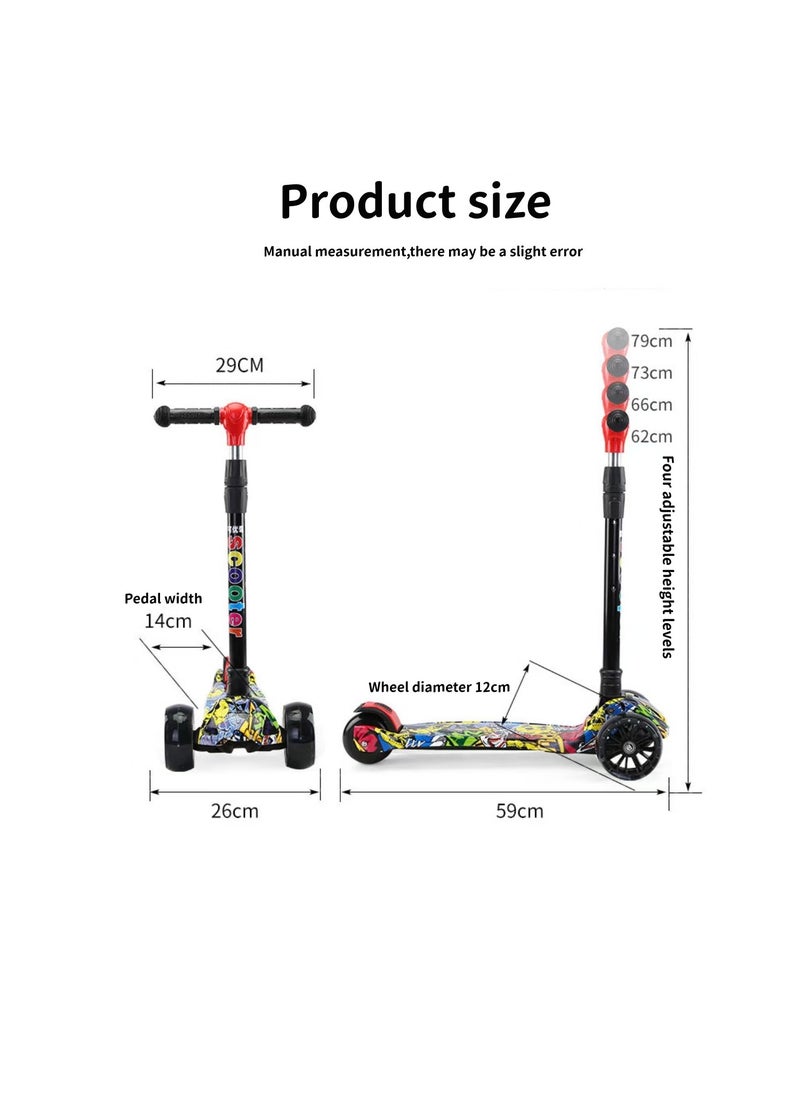 kids scooter three-wheeled scooter foldable and adjustable height graffiti pattern with LED light-up wheels with music, suitable for children aged 2-6