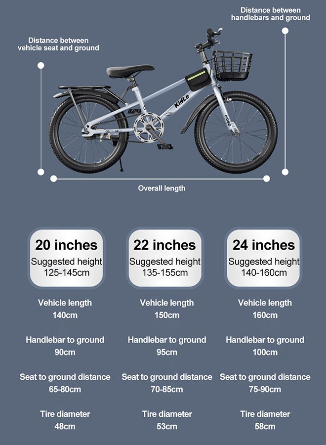 24 Inches Children's And Youth Bicycle High Carbon Steel Road Bicycle Kids Bike Suitable For Height 125-160cm Girls And Boys With Basket Adjustable Seat Rear Thickened Seat Frame Wear-Resistant Tires Front And Rear Sensitive Brakes Safe And Stable 24 Inches