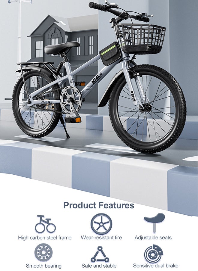 20 Inches Children's And Youth Bicycle High Carbon Steel Road Bicycle Kids Bike Suitable For Height 125-160cm Girls And Boys With Basket Adjustable Seat Rear Thickened Seat Frame Wear-Resistant Tires Front And Rear Sensitive Brakes Safe And Stable 20 Inches