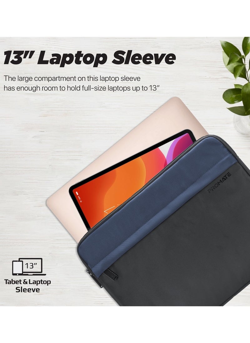 Promate Laptop Sleeve, Lightweight 13-inch Laptop and Tablet Protective Case with Secure Zipper, Water-Resistance, Front Storage Pocket and Padded Interior for MacBook Air, iPad Air, Dell XPS 13