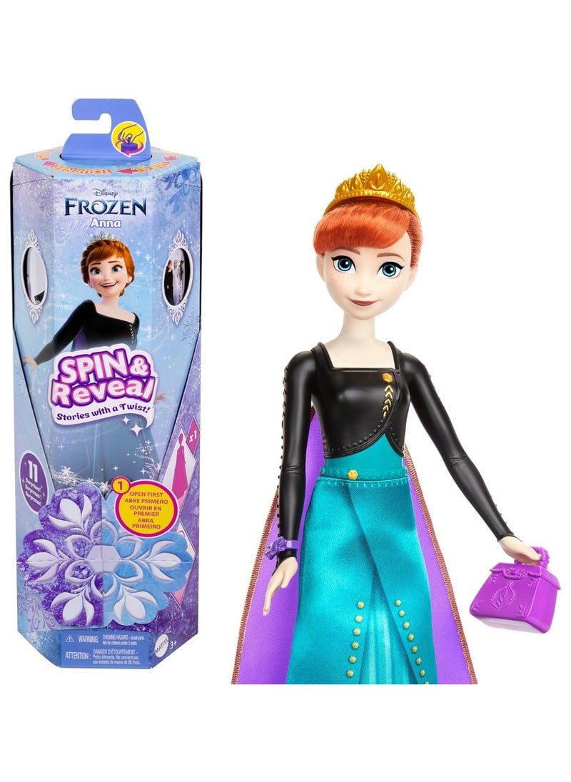 Mattel Disney Frozen Anna Fashion Doll Set, Spin & Reveal with 11 Surprises Including 5 Accessories, 5 Stickers & Play Scene