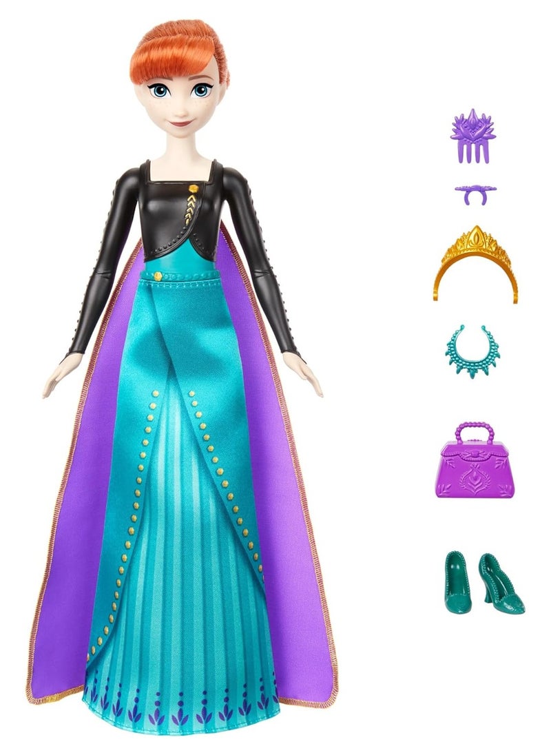 Mattel Disney Frozen Anna Fashion Doll Set, Spin & Reveal with 11 Surprises Including 5 Accessories, 5 Stickers & Play Scene