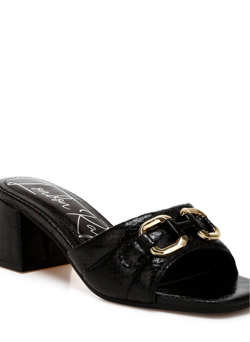 Black Horsebit Detail Snake Print Sandals