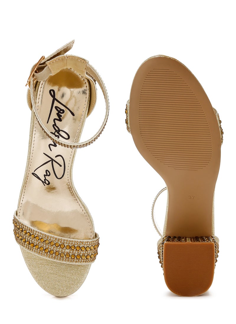 Rhinestones Embellished Block Sandals in Gold