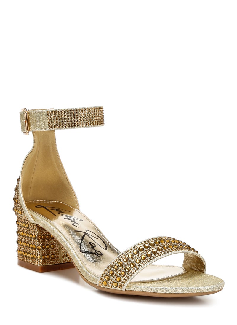 Rhinestones Embellished Block Sandals in Gold