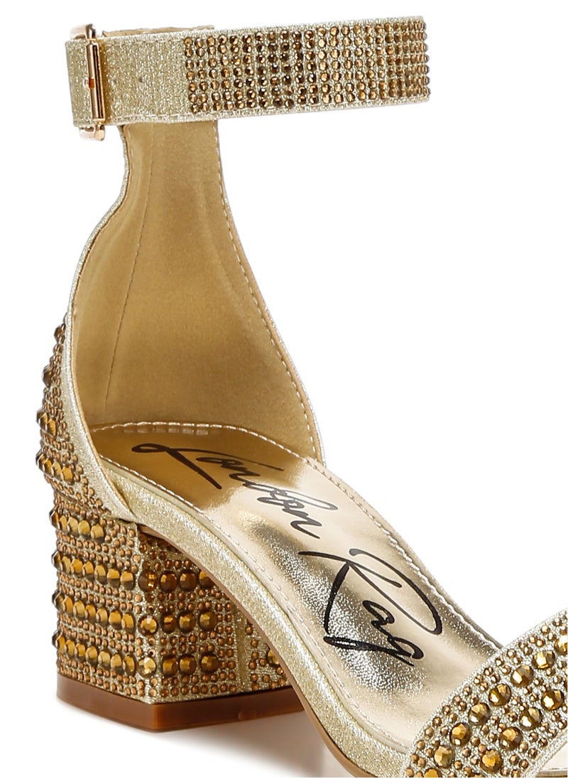 Rhinestones Embellished Block Sandals in Gold