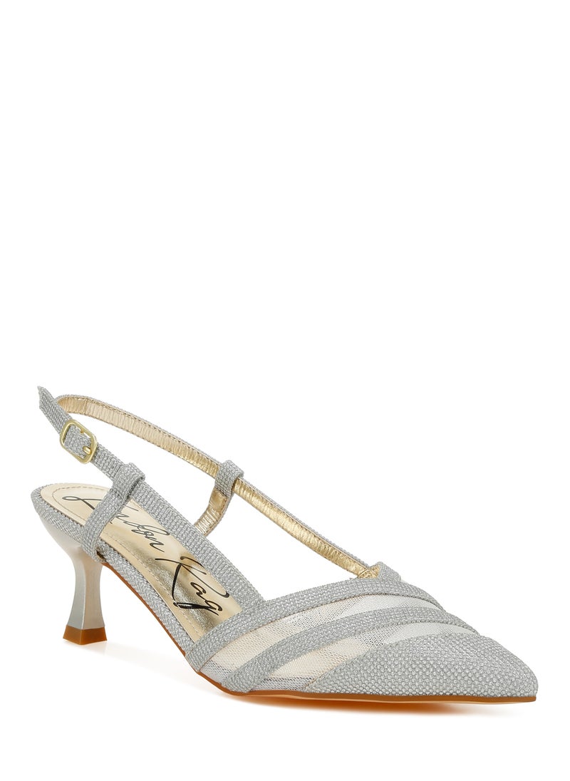 Kitten Heel Slingback Sandals in Silver