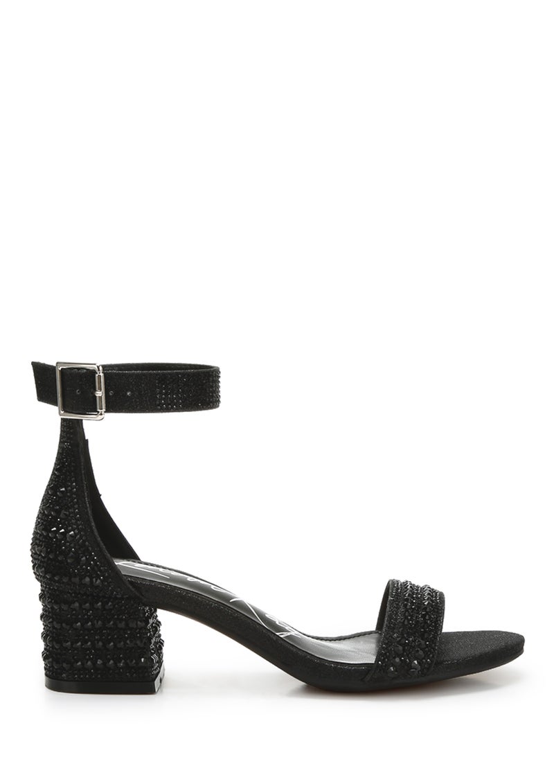 Rhinestones Embellished Block Sandals in Black