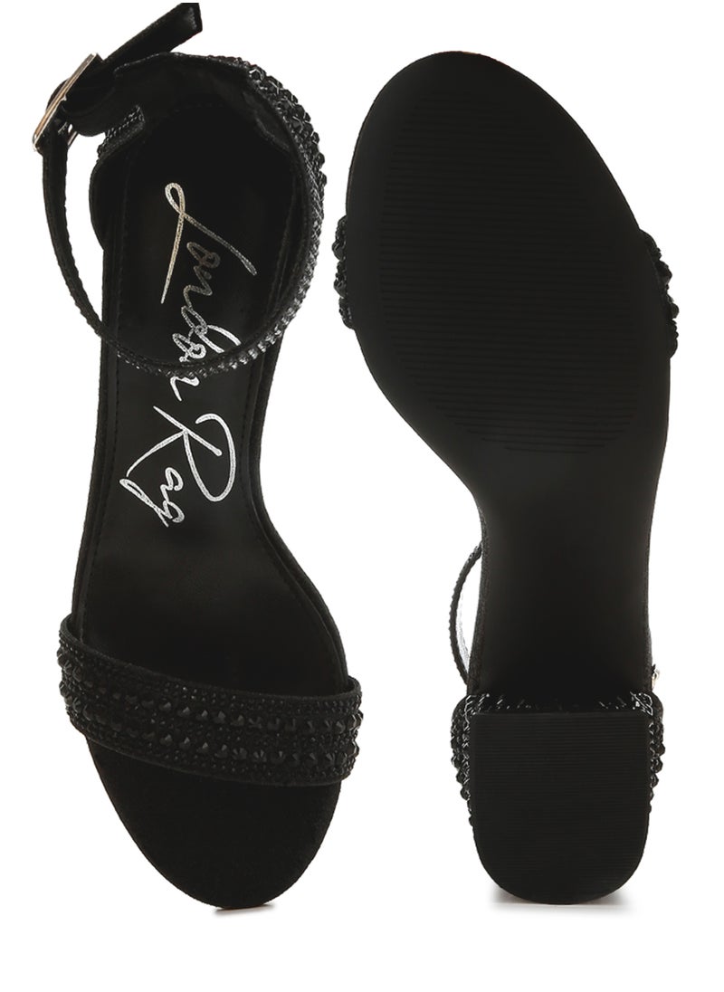 Rhinestones Embellished Block Sandals in Black