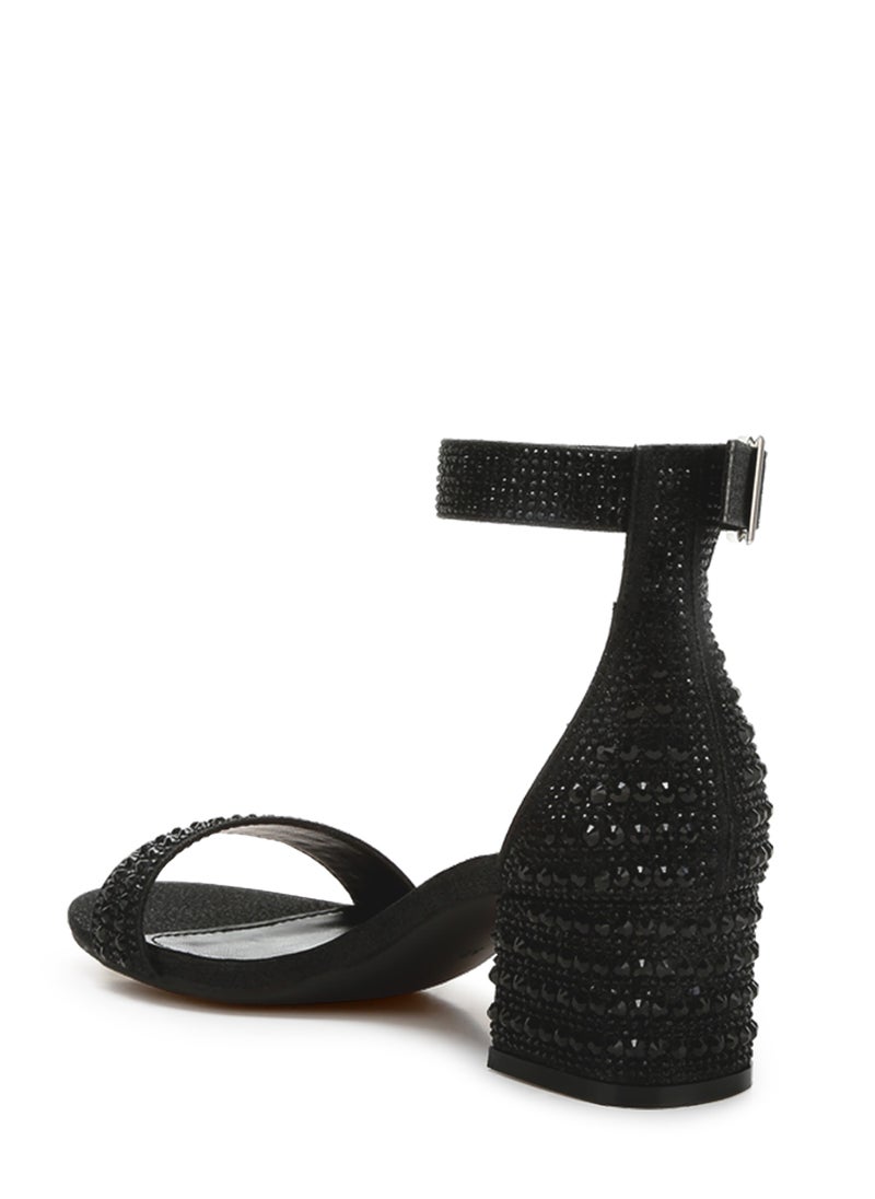 Rhinestones Embellished Block Sandals in Black