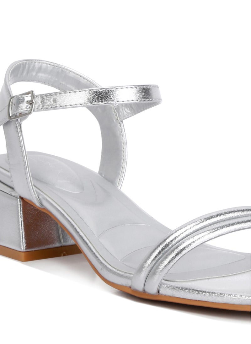 Metallic Ankle Strap Low Block Heels in Silver