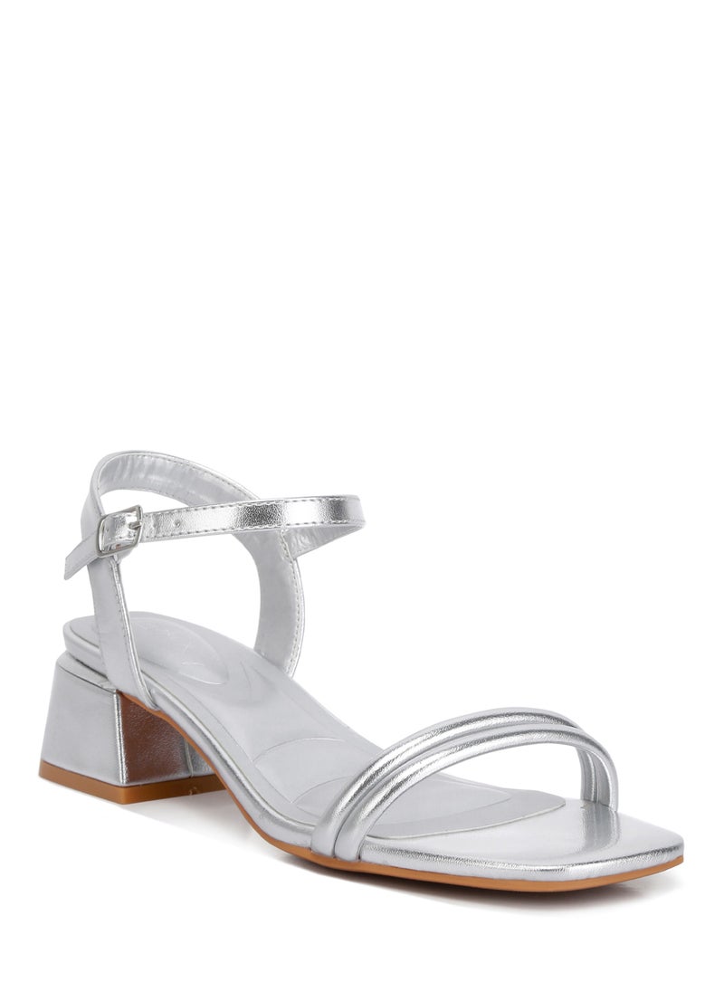 Metallic Ankle Strap Low Block Heels in Silver