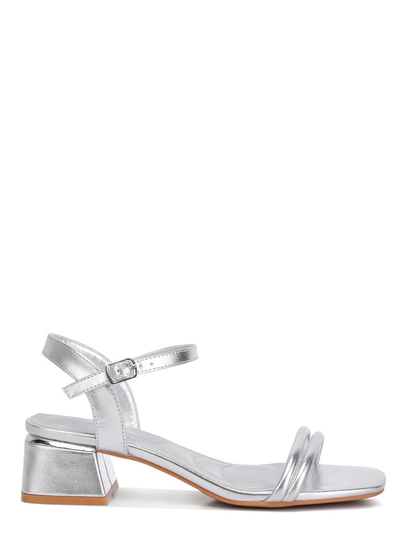 Metallic Ankle Strap Low Block Heels in Silver