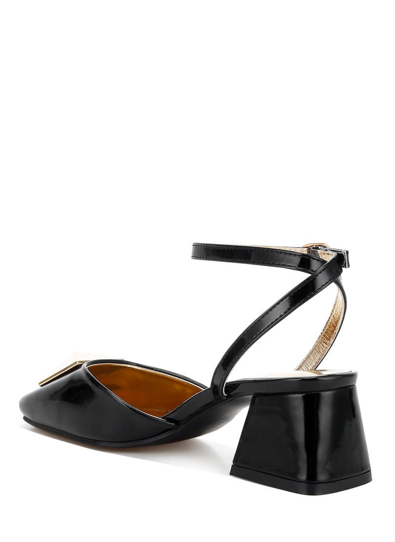 Brooch Detail Ankle Strap Sandals in Black