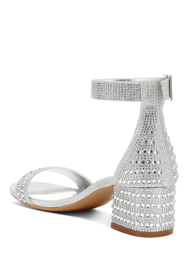 Rhinestones Embellished Block Sandals in Silver