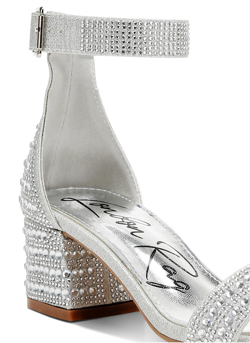 Rhinestones Embellished Block Sandals in Silver