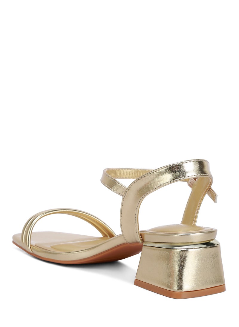 Metallic Ankle Strap Low Block Heels in Gold