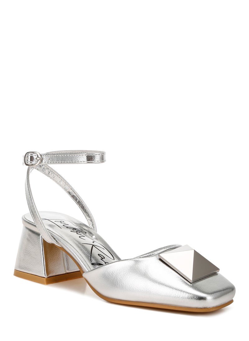 Brooch Detail Ankle Strap Sandals in Silver