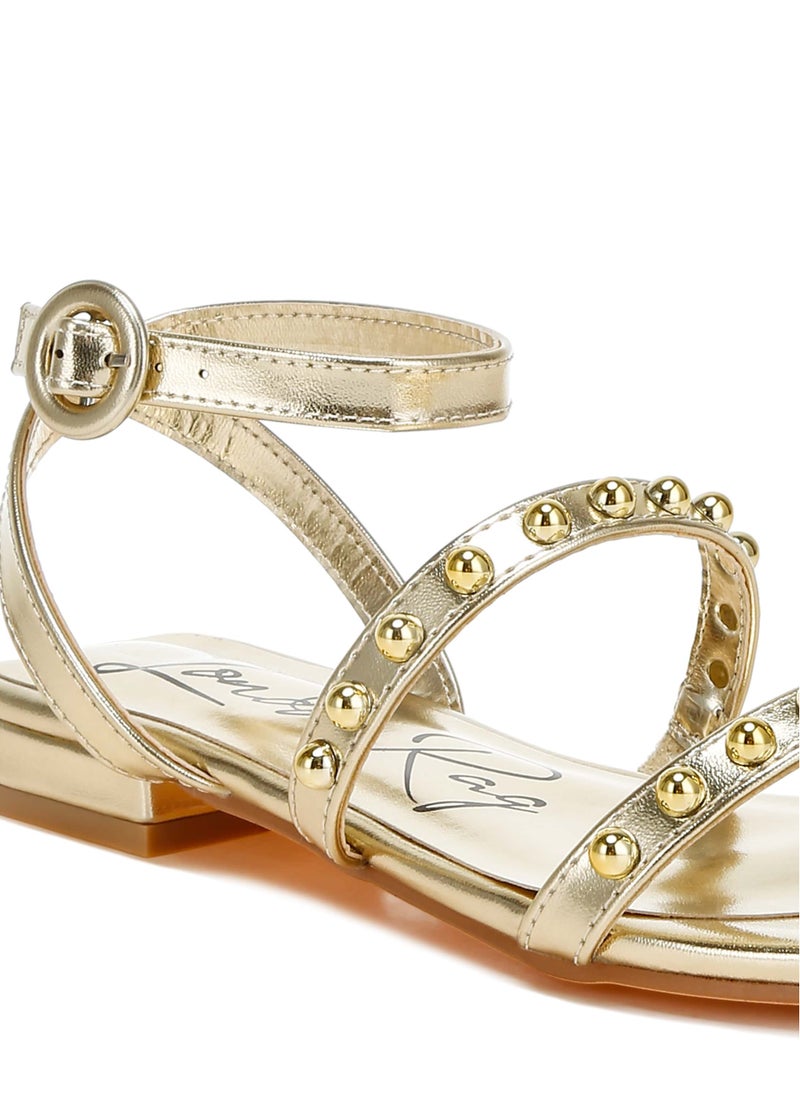 Studded Ankle Strap Flat Sandals in Gold